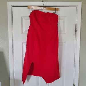 Red strapless cocktail dress.